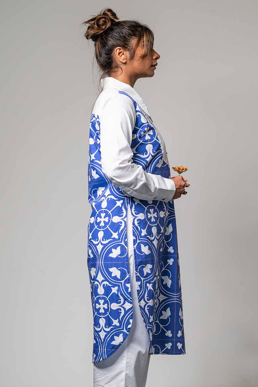 White & Blue Printed Collared Kurta Set