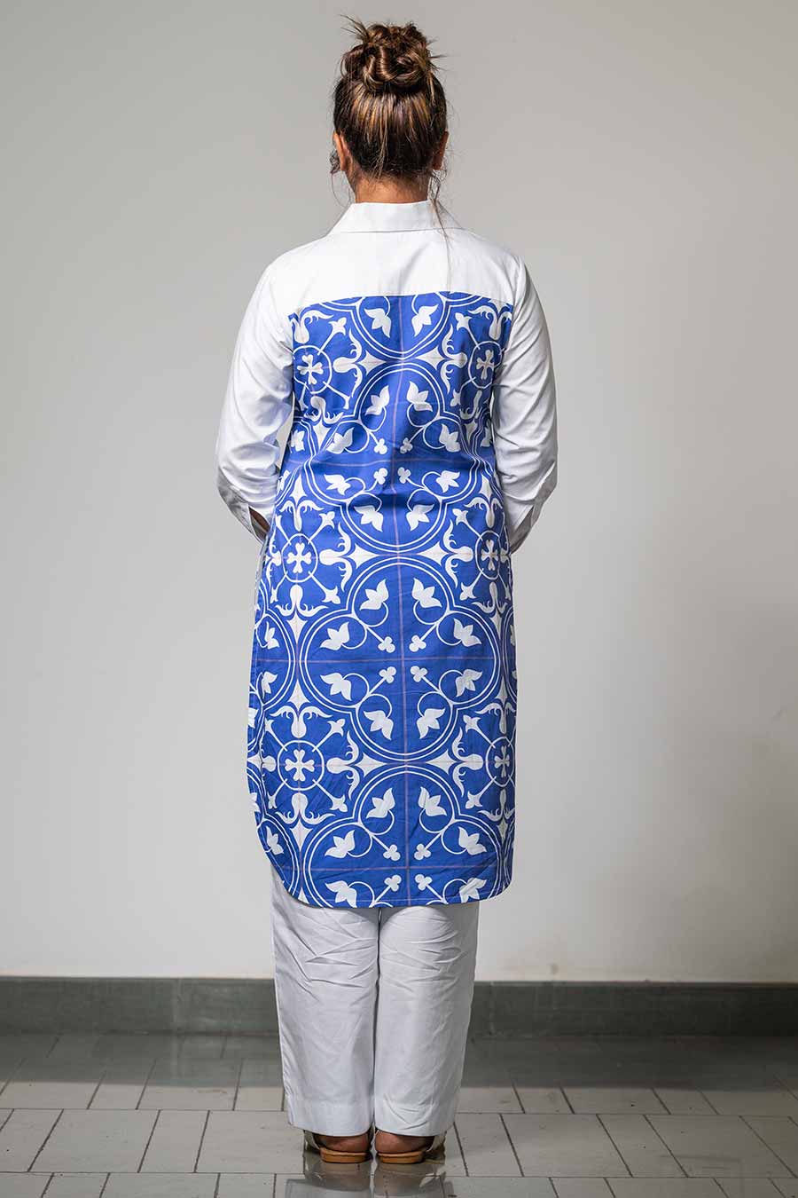 White & Blue Printed Collared Kurta Set