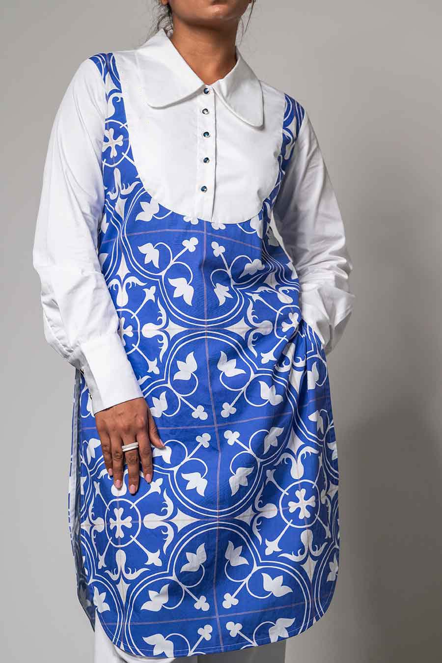 White & Blue Printed Collared Kurta Set