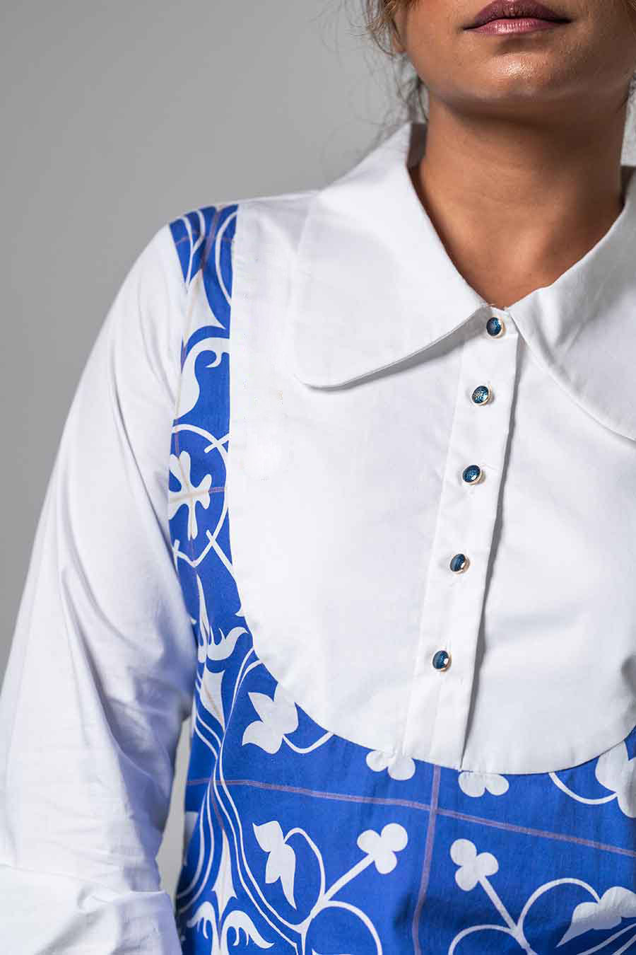 White & Blue Printed Collared Kurta Set