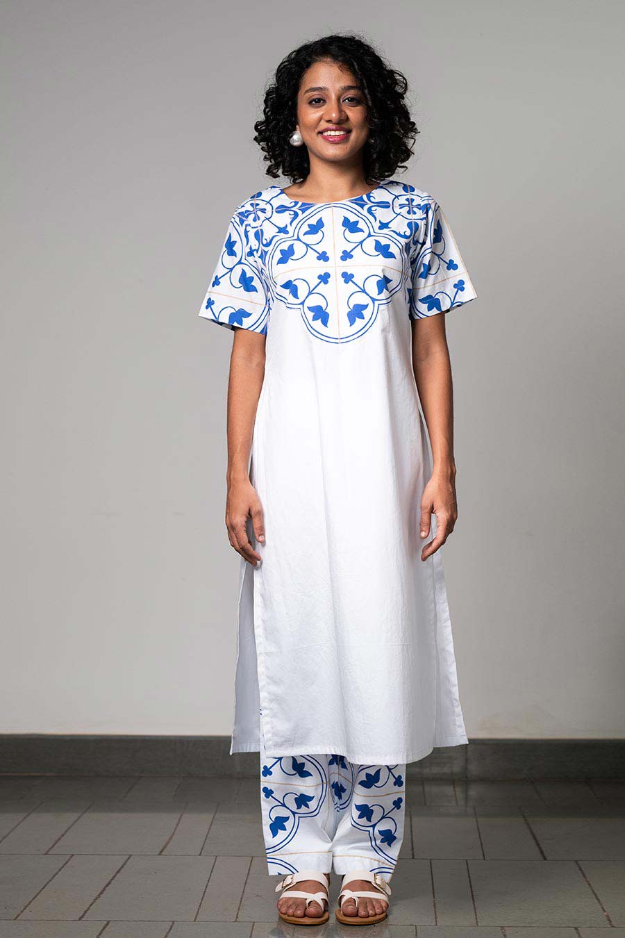 Blue & White Printed Tile Affinity Kurta Set