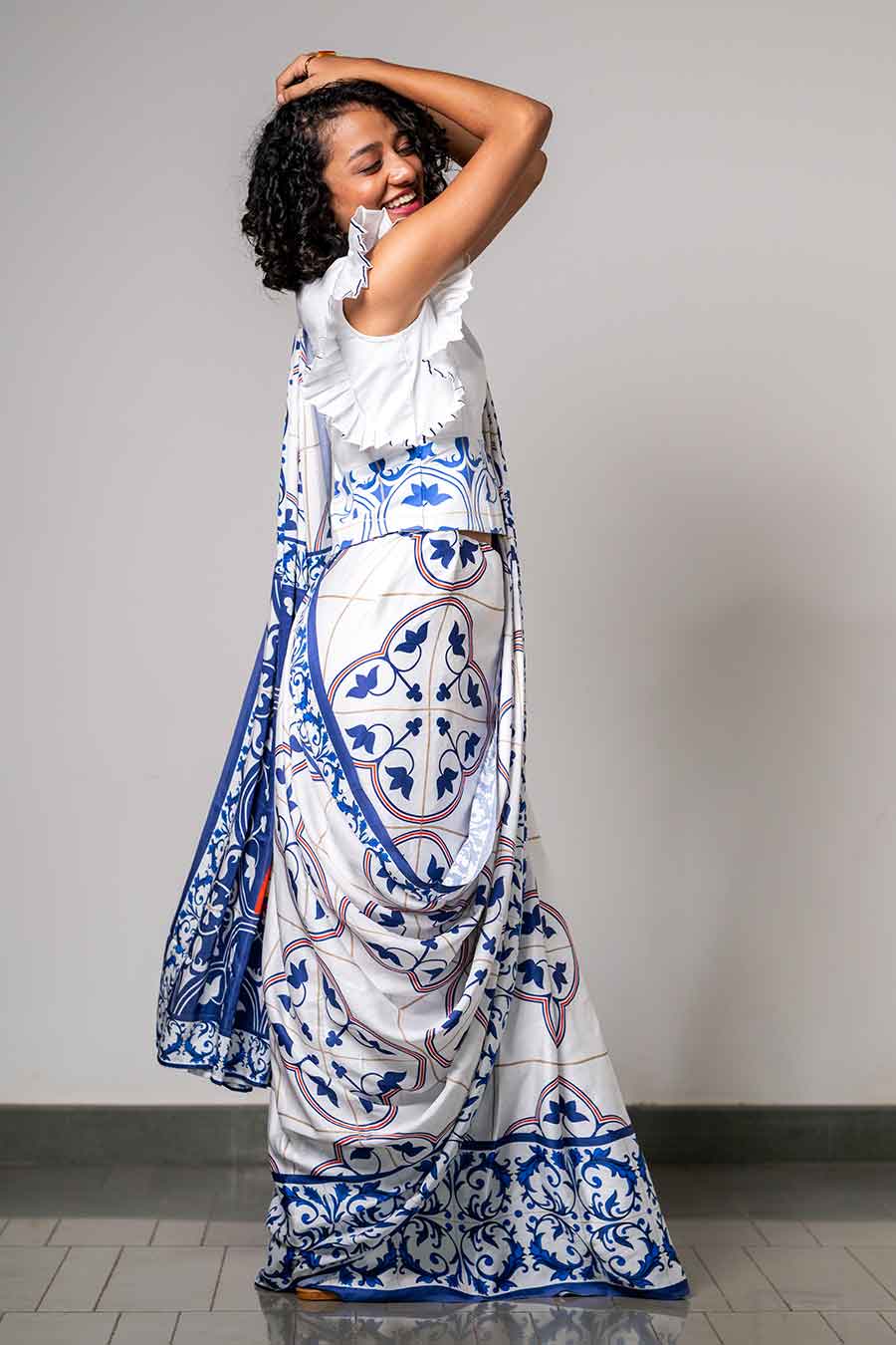 White Printed Grace in Azulejos Saree