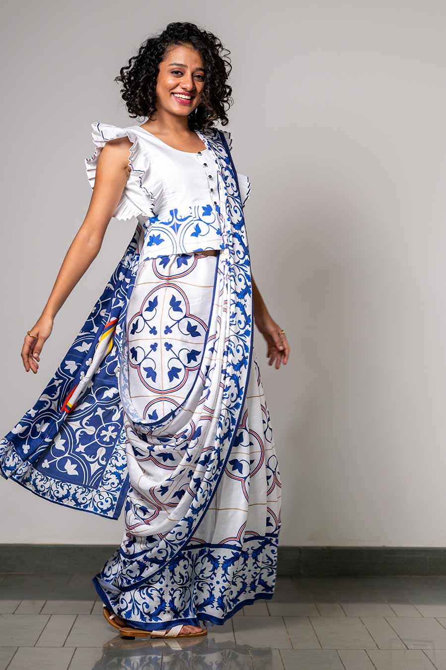 White Printed Grace in Azulejos Saree