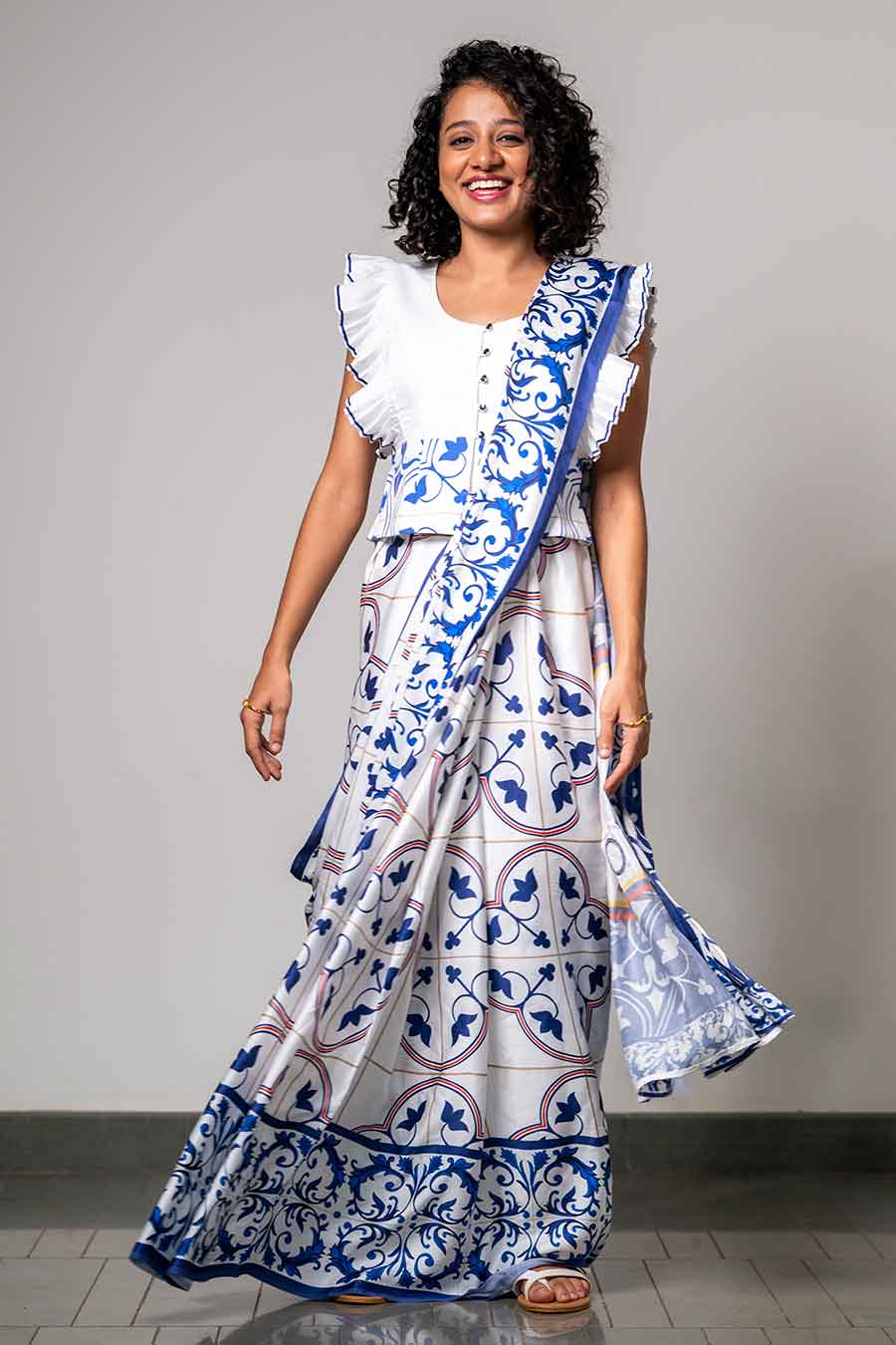 White Printed Grace in Azulejos Saree