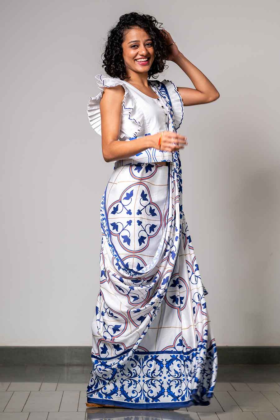 White Printed Grace in Azulejos Saree