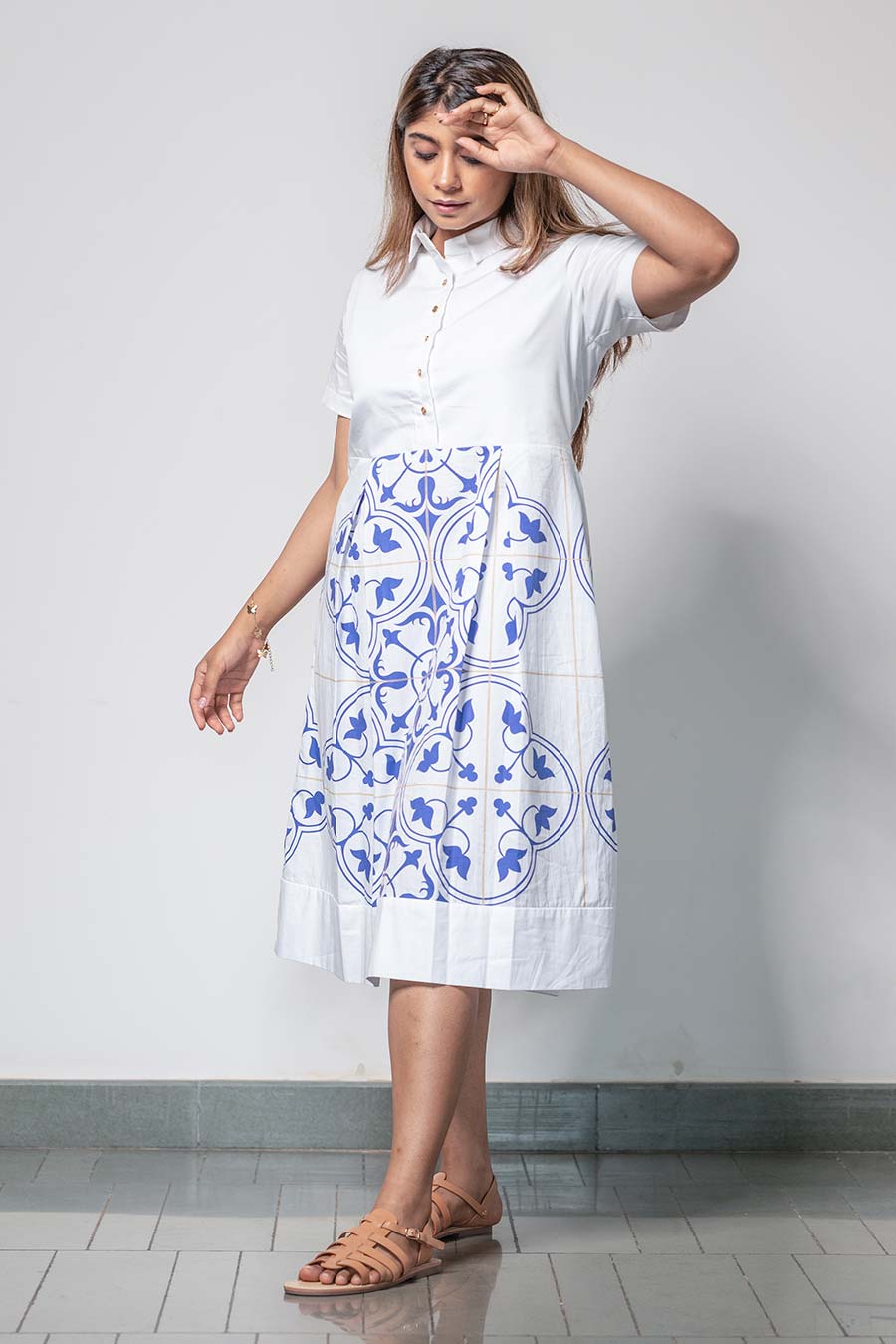White Printed Classic Tile Shirt Dress