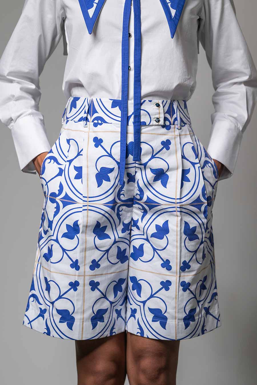 White Printed Azulejos Tile Trekker Shorts