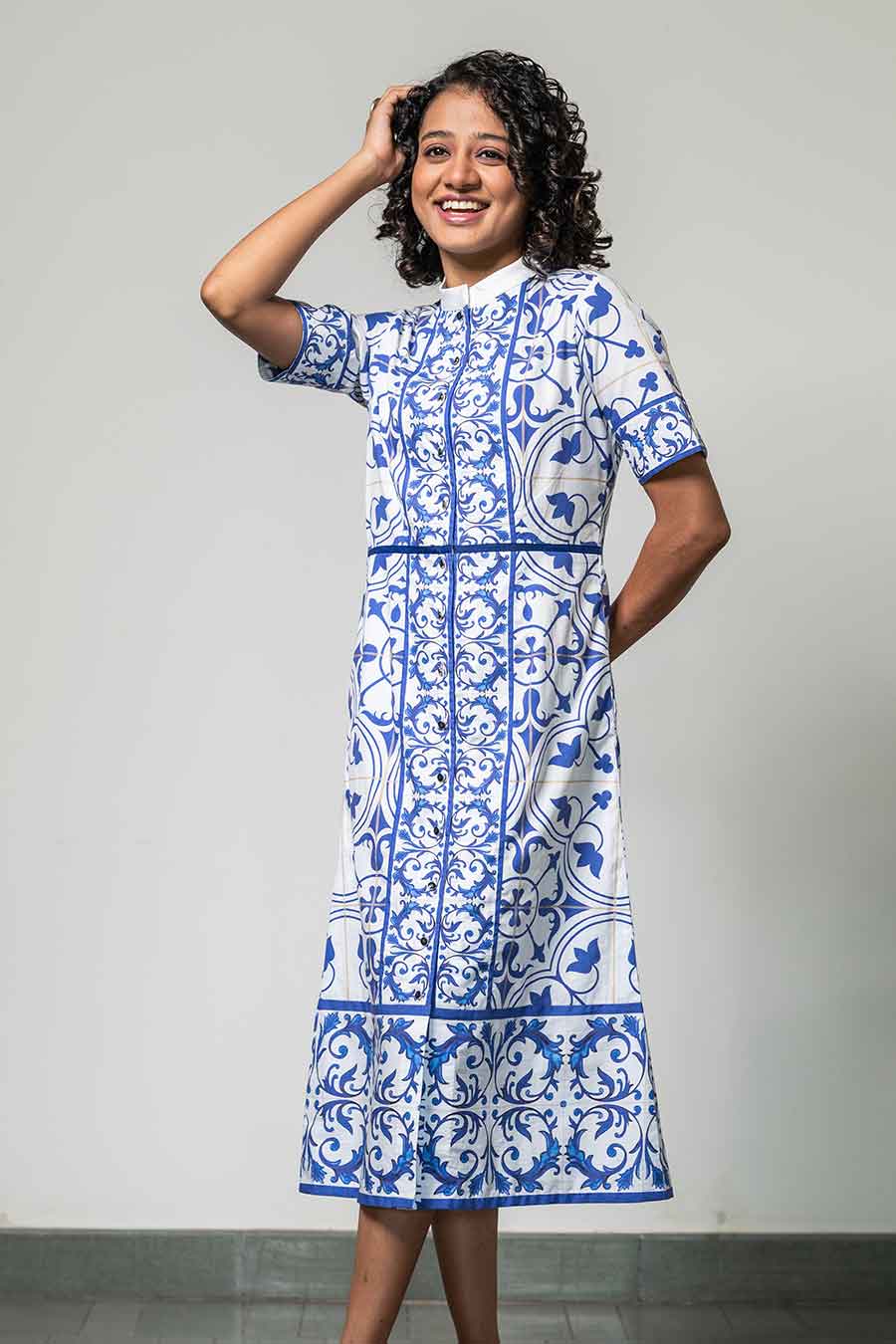 White Printed Tile Treasure Dress