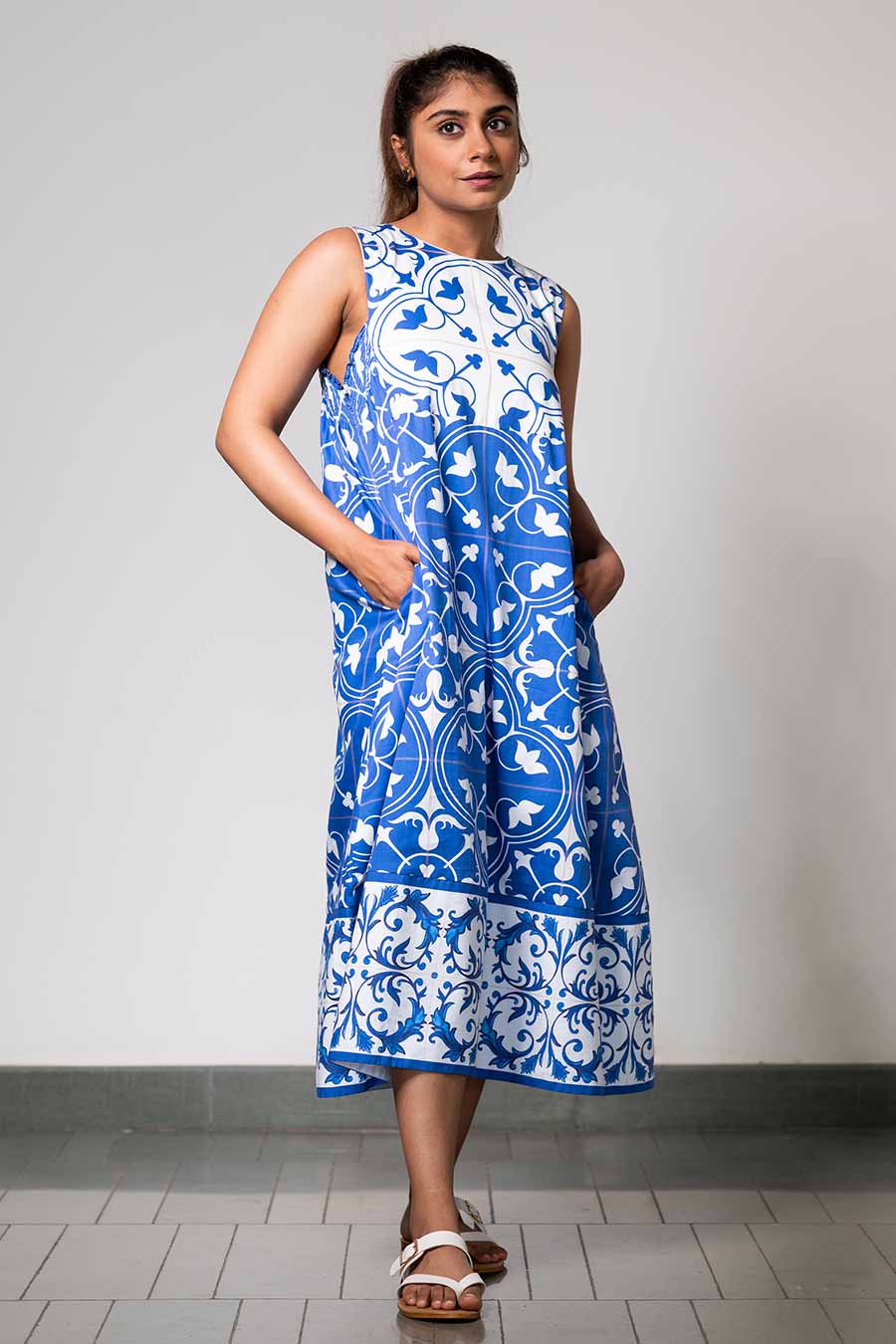 White Printed Azulejos Dress