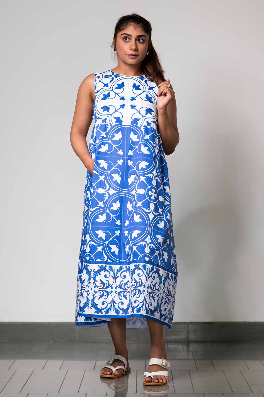 White Printed Azulejos Dress