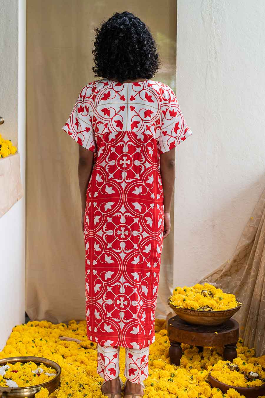 Red Printed Folkloric Kurta Set