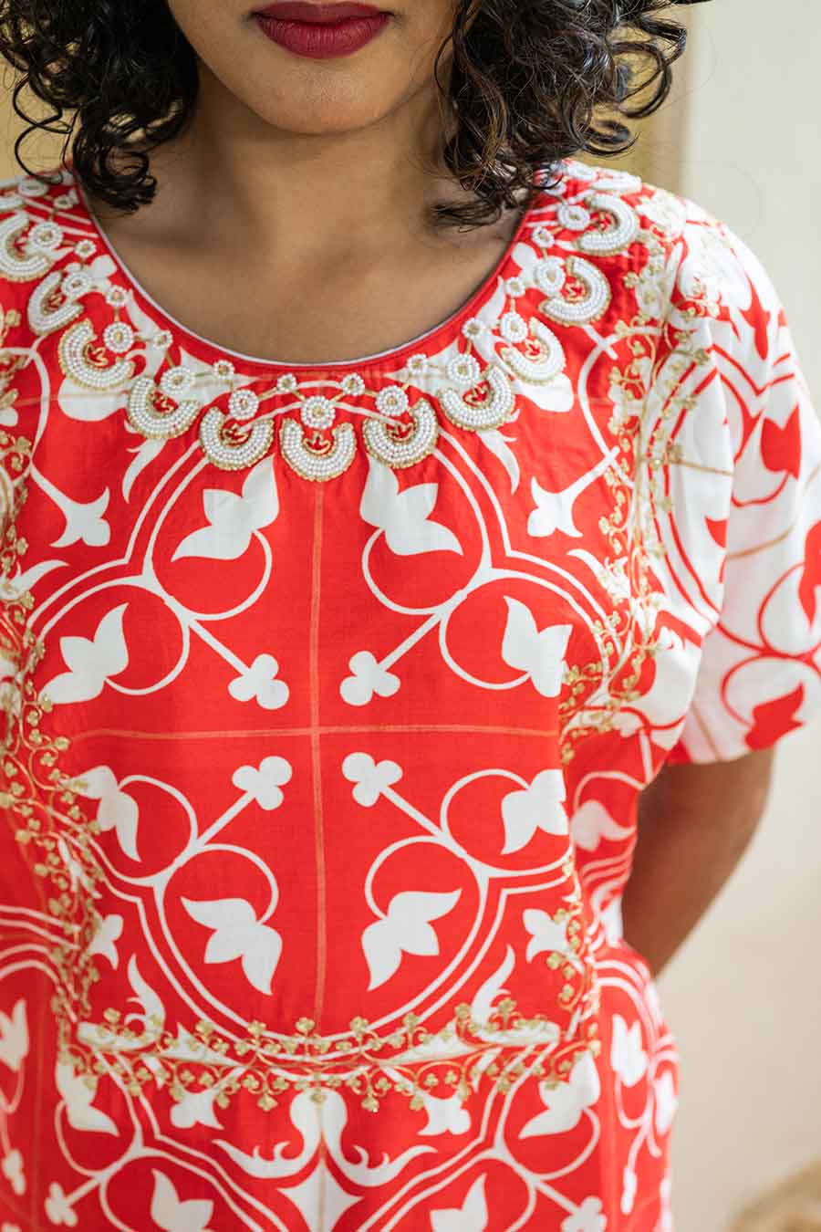 Red Printed Folkloric Kurta Set