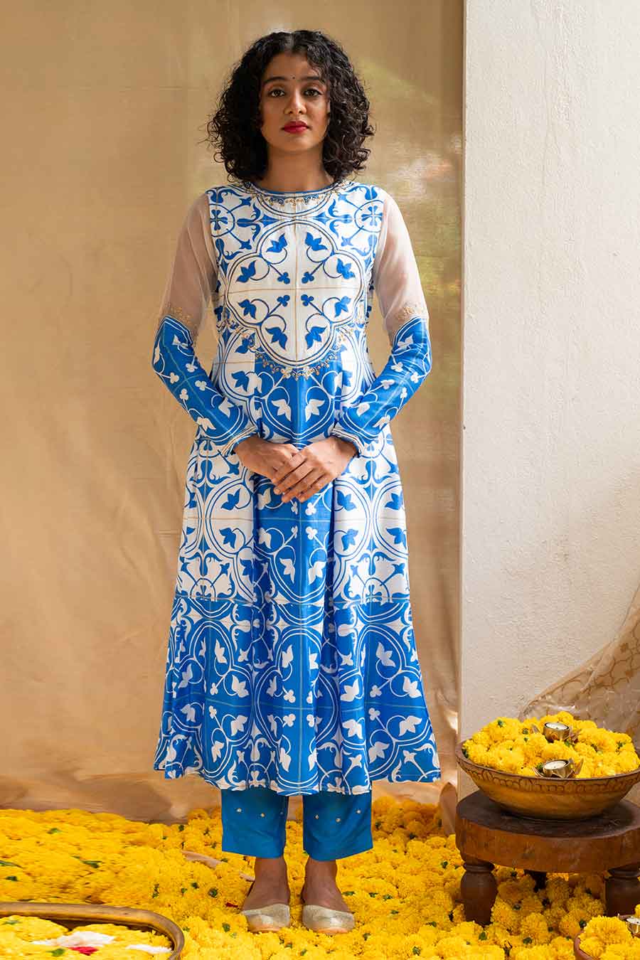 Blue Printed Lagoon Luster Kurta Set
