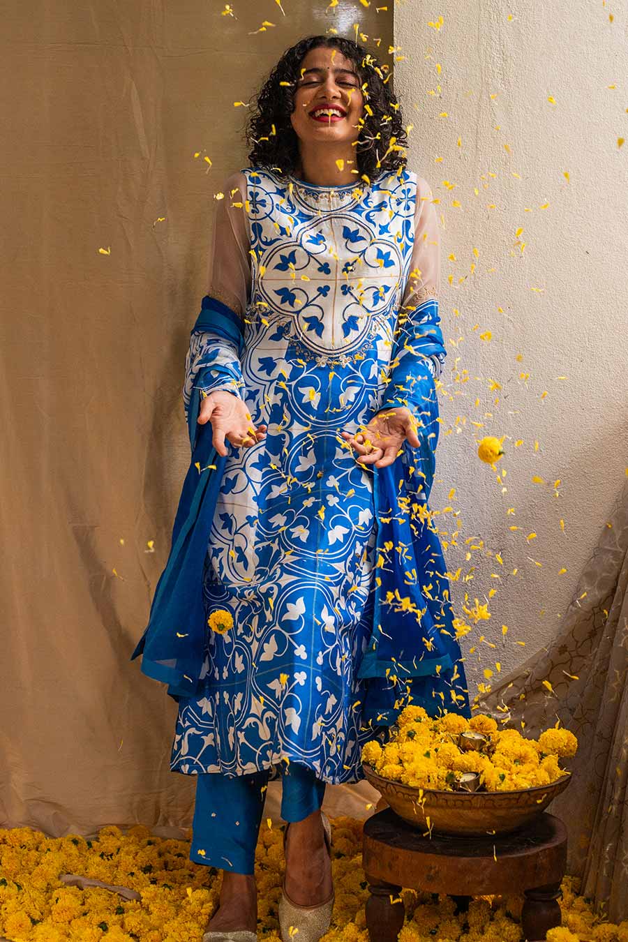 Blue Printed Lagoon Luster Kurta Set