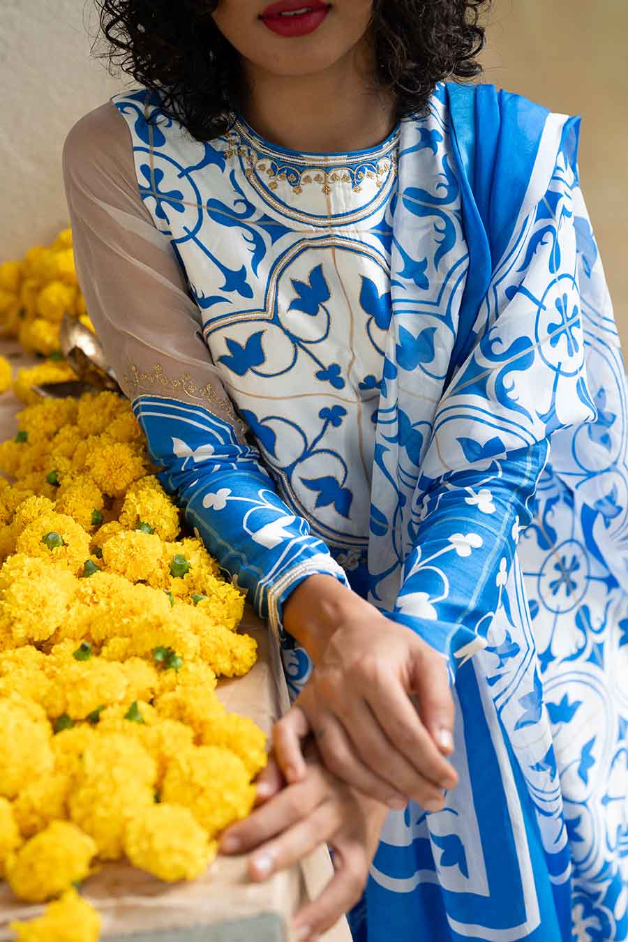 Blue Printed Lagoon Luster Kurta Set