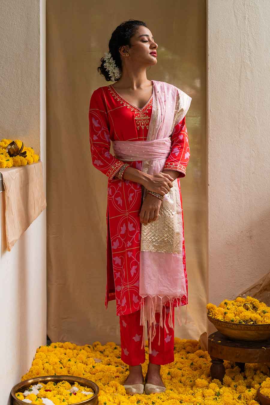 Red Printed Kurta Set