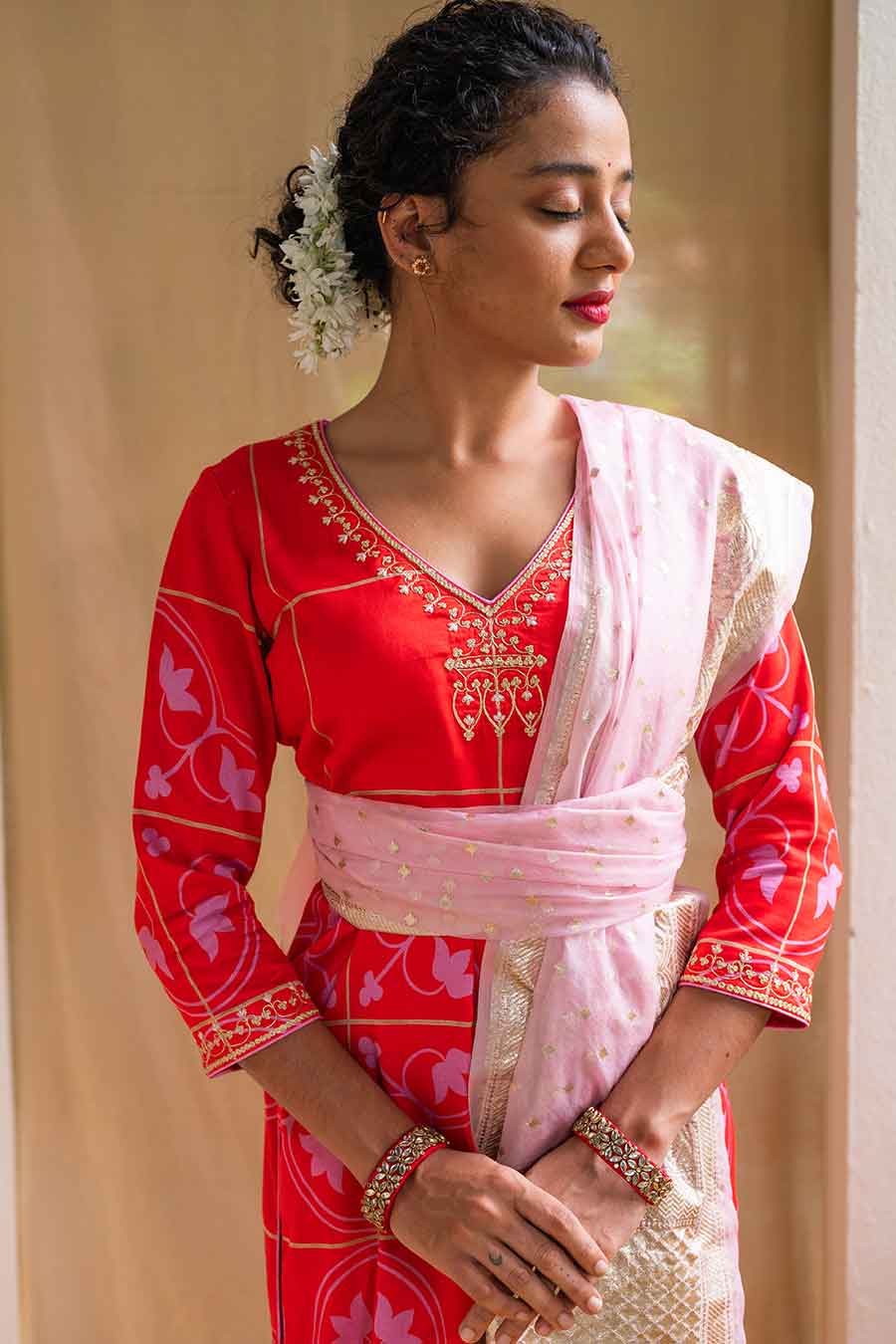 Red Printed Kurta Set