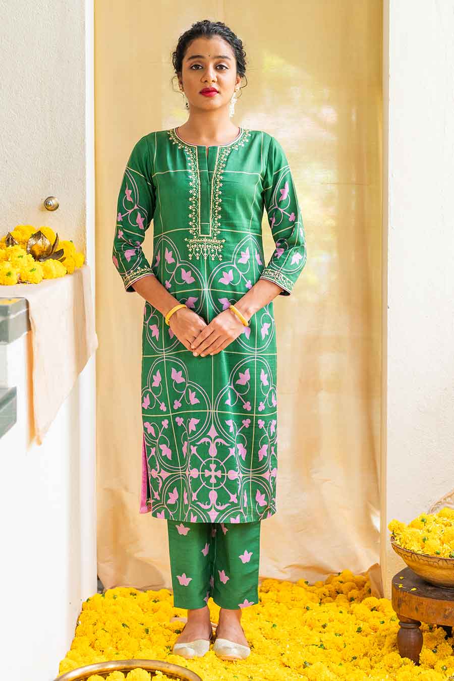 Green Printed Petal Parade Kurta Set