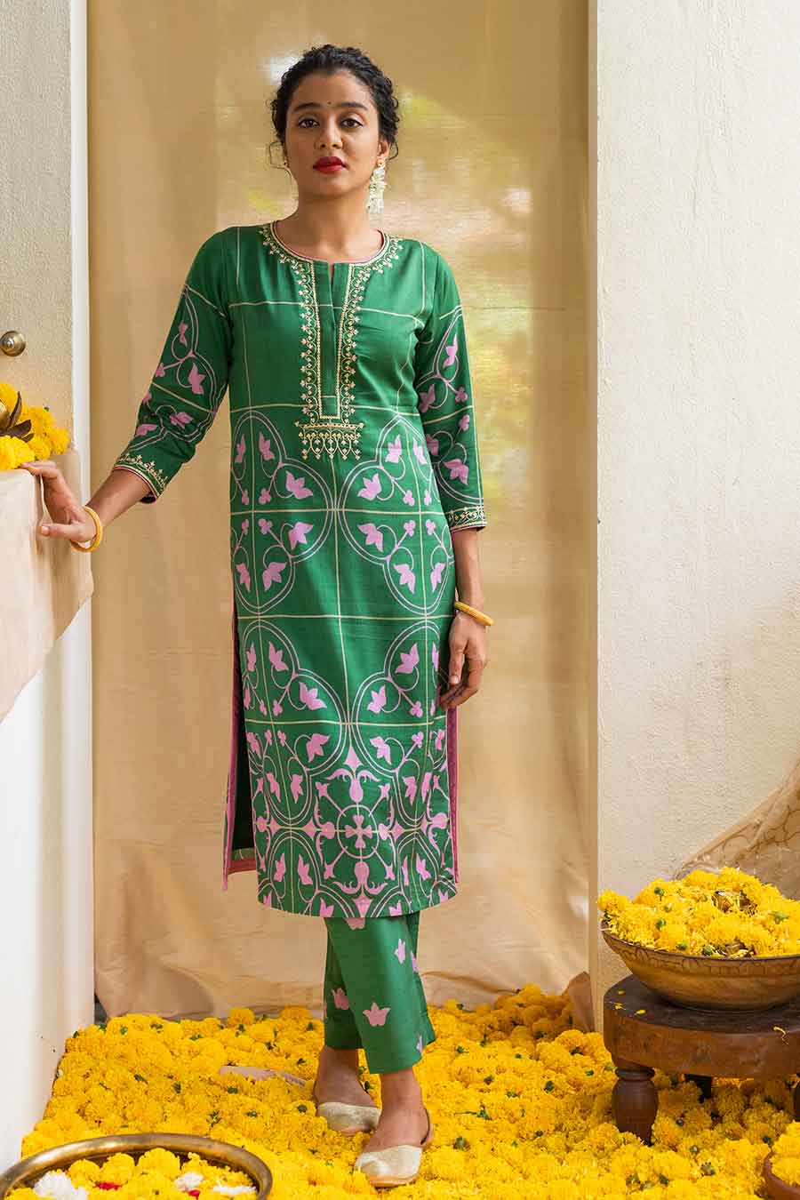 Green Printed Petal Parade Kurta Set