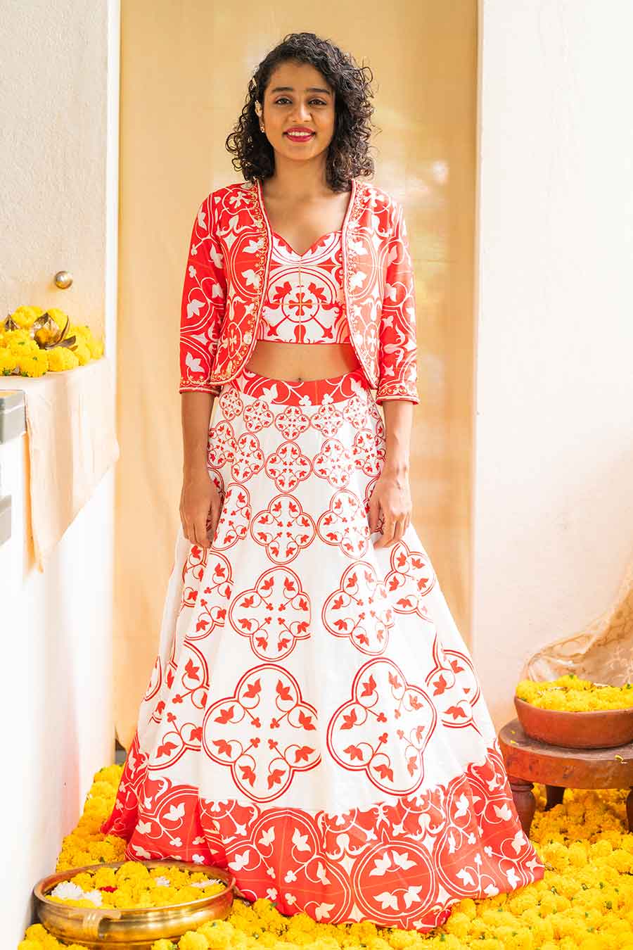 Red Printed Rhapsody Tiles Lehenga Set