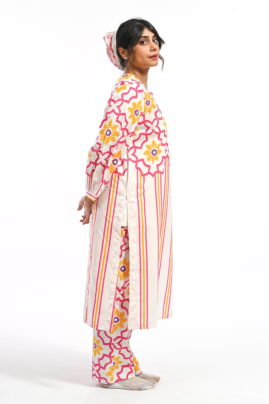 Rosa Pink Mosaic Stripe Kurta & Pant Set