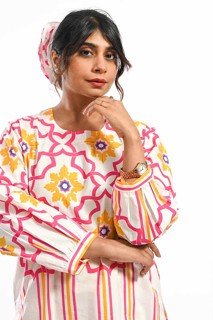 Rosa Pink Mosaic Stripe Kurta & Pant Set