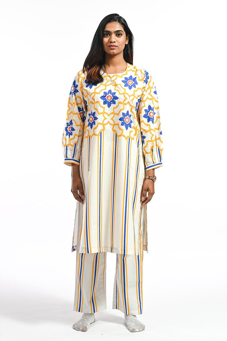 Amarelo Yellow Mosaic Stripe Kurta & Pant Set