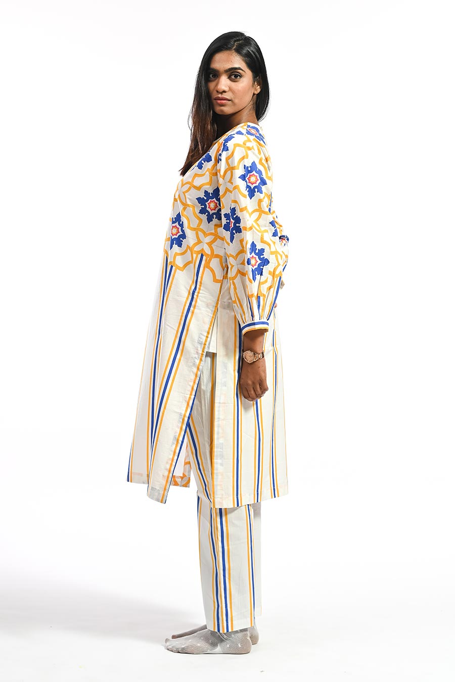 Amarelo Yellow Mosaic Stripe Kurta & Pant Set
