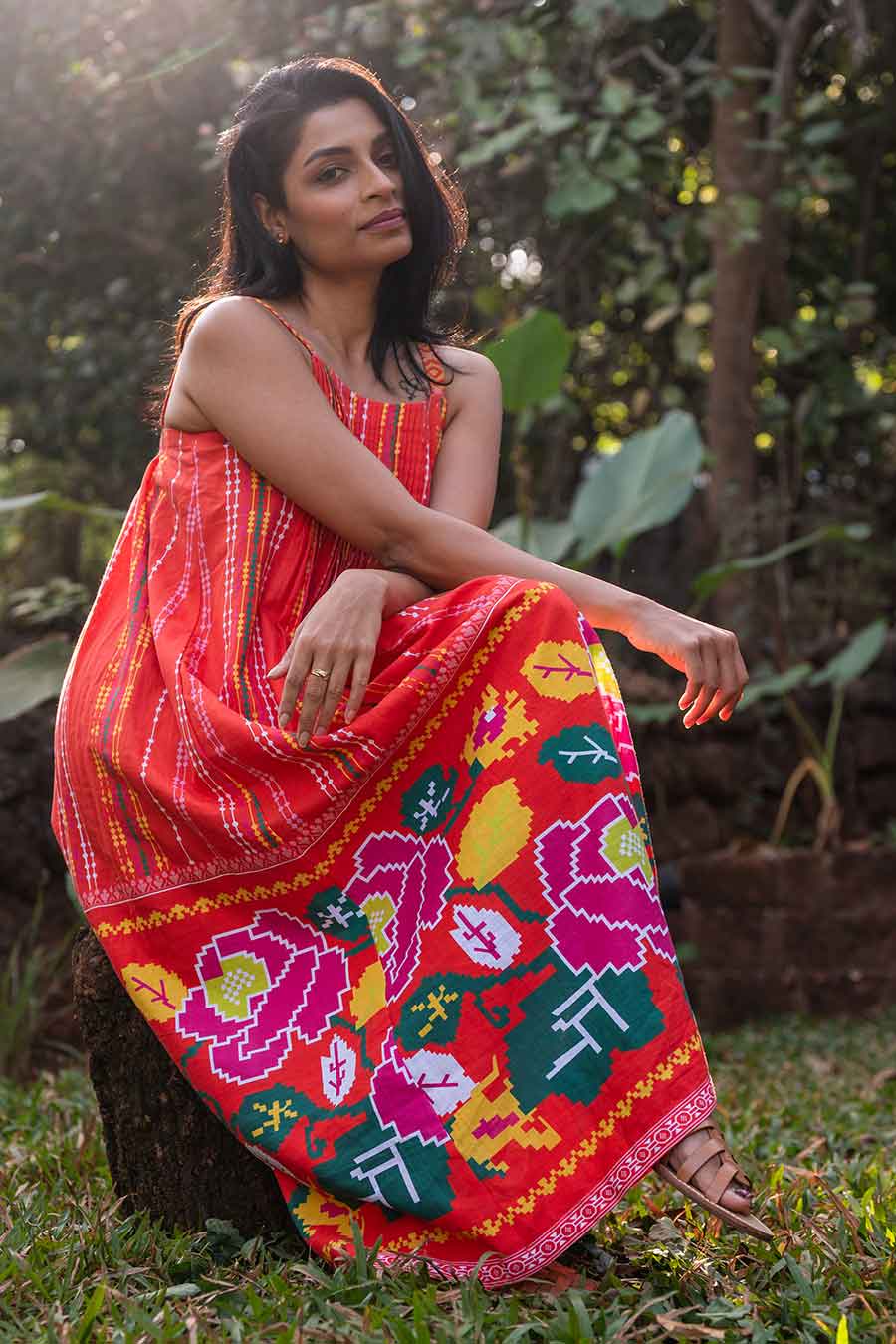 Red Printed Pintuck Long Dress