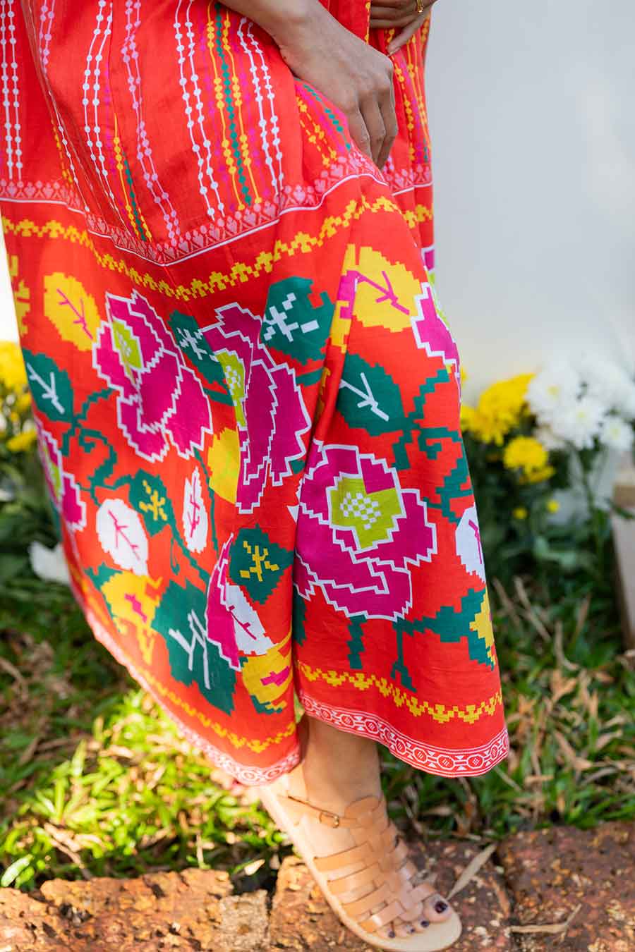 Red Printed Pintuck Long Dress