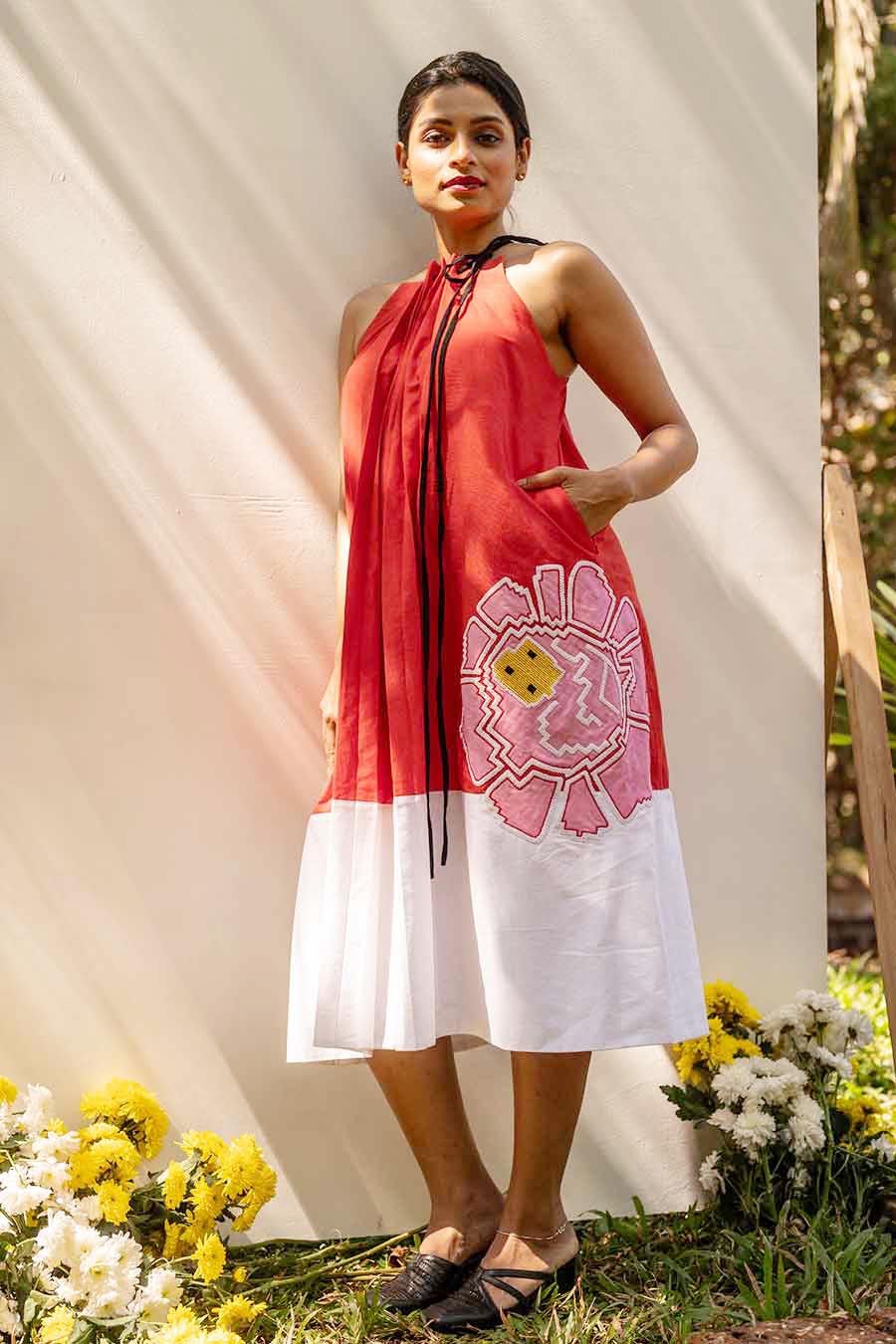 Red Embroidered Patch Dress