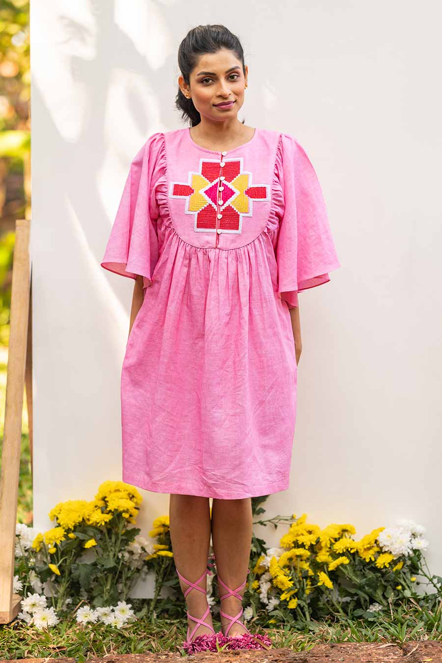 Pink Embroidered Gathered Dress