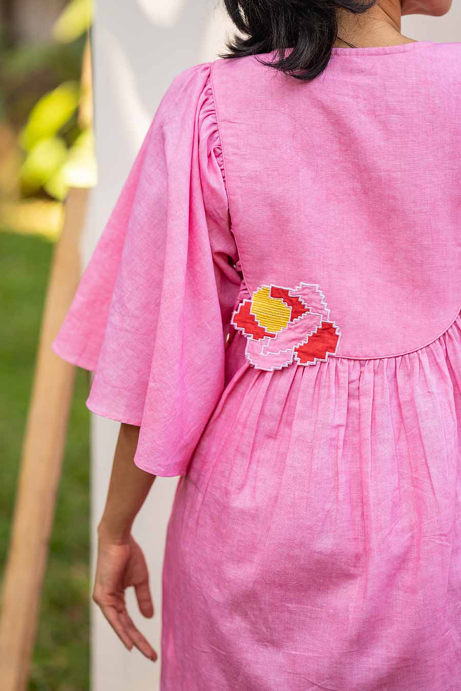 Pink Embroidered Gathered Dress