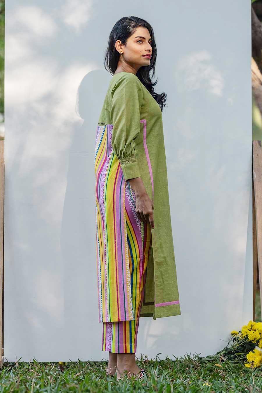 Green Back-Printed Kurta & Multicolour Pant Set