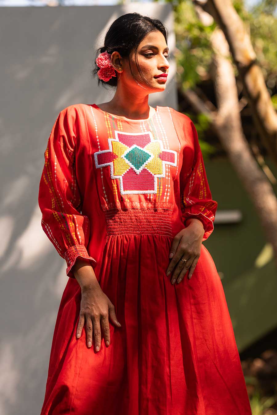 Red Embroidered Smocked Kurta Set