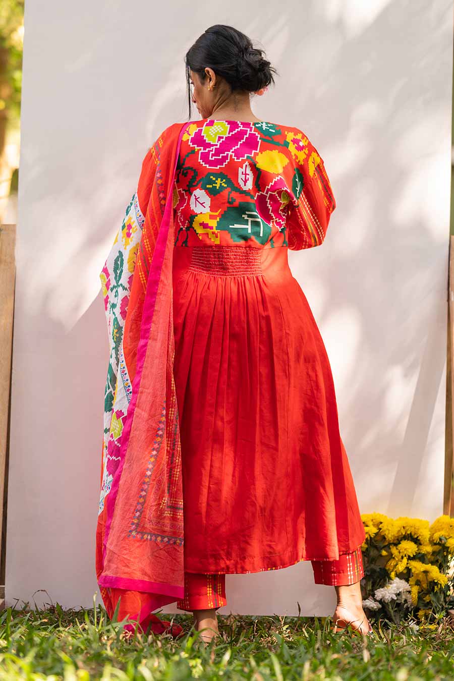 Red Embroidered Smocked Kurta Set