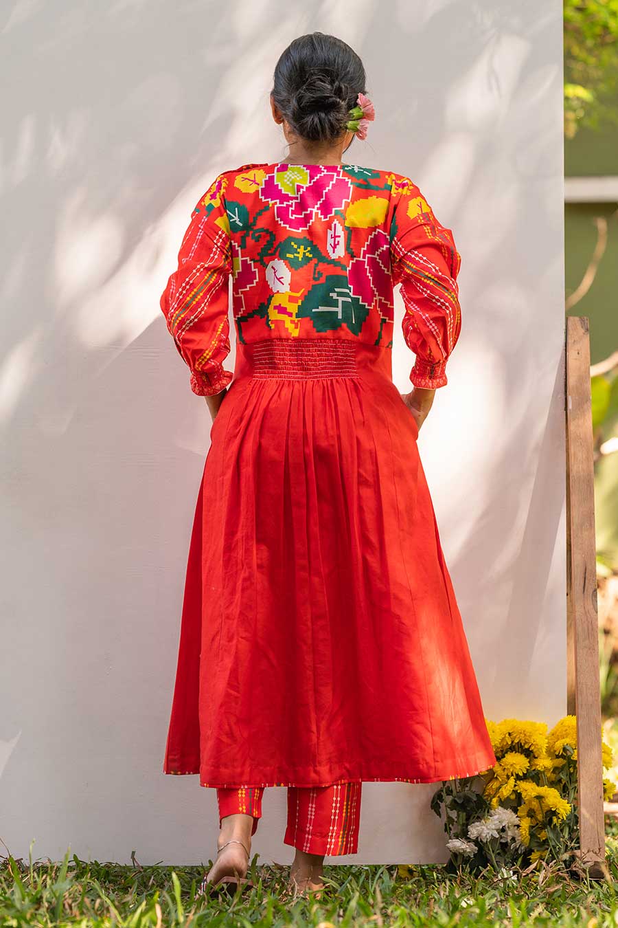 Red Embroidered Smocked Kurta Set