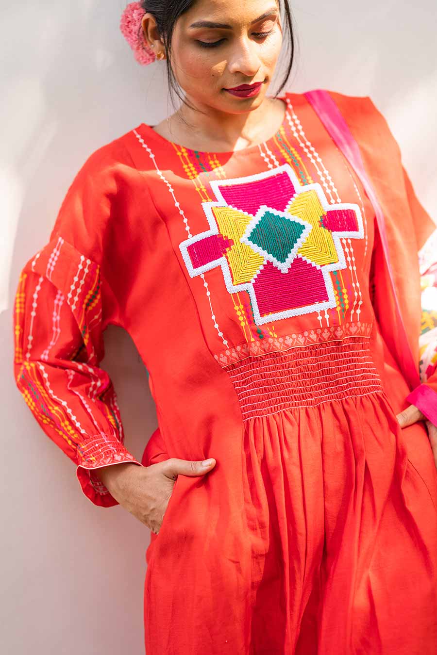 Red Embroidered Smocked Kurta Set