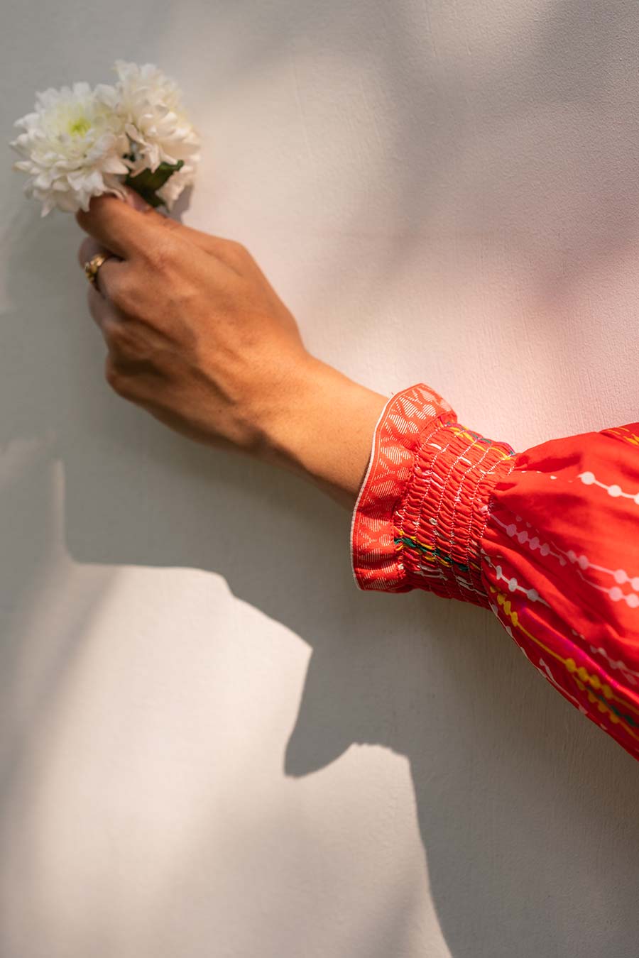 Red Embroidered Smocked Kurta Set