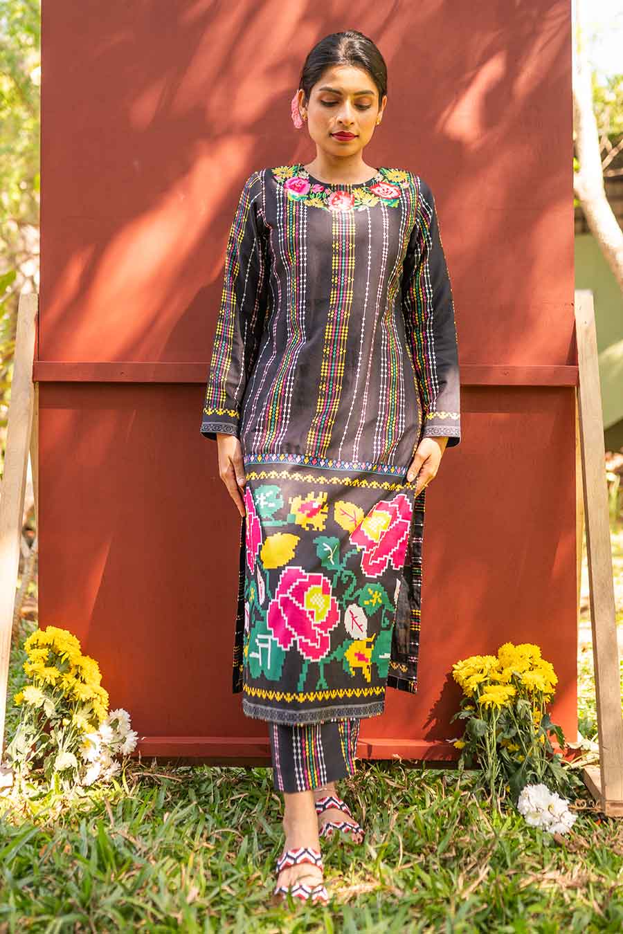 Black Printed Kurta & Pant With Jacket Set