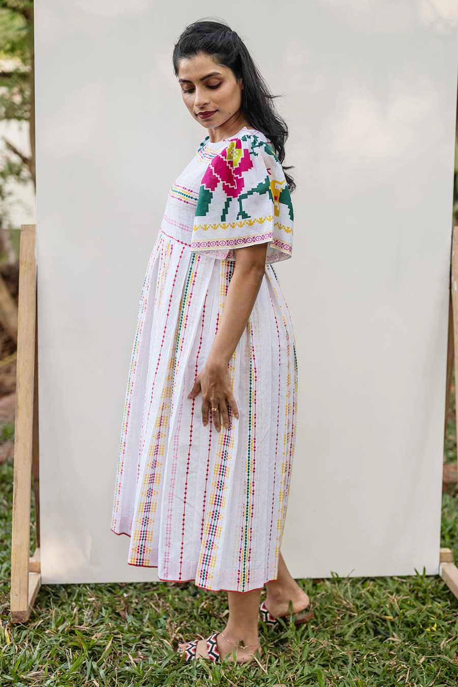 White Printed Lines Midi Dress