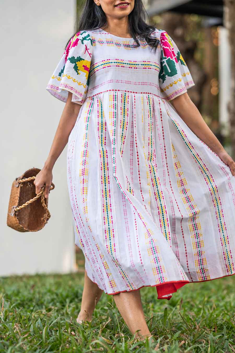 White Printed Lines Midi Dress
