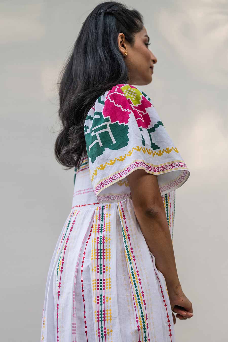 White Printed Lines Midi Dress