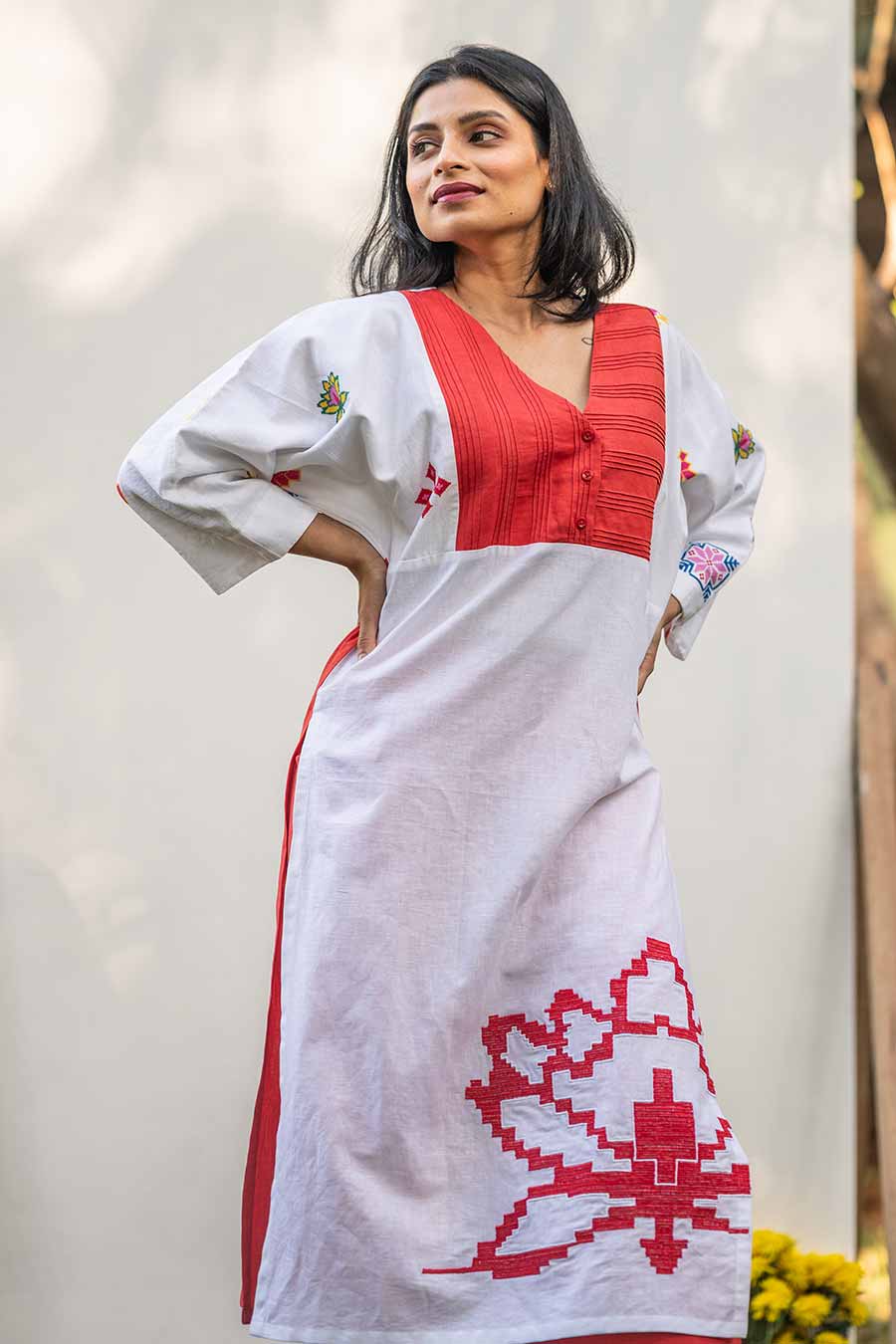 Red & White Embroidered Kurta With Pant Set