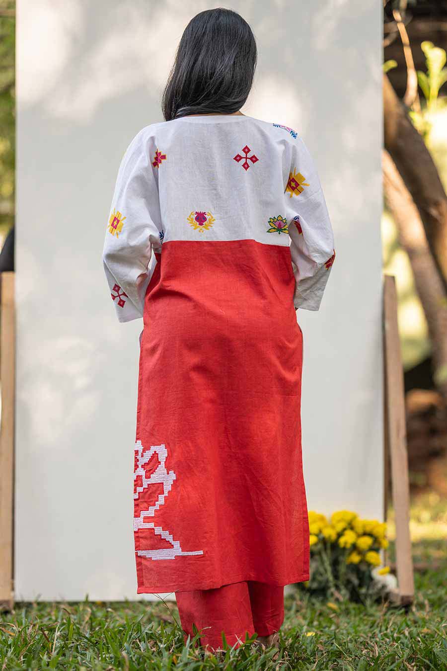 Red & White Embroidered Kurta With Pant Set