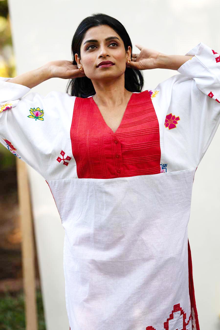 Red & White Embroidered Kurta With Pant Set