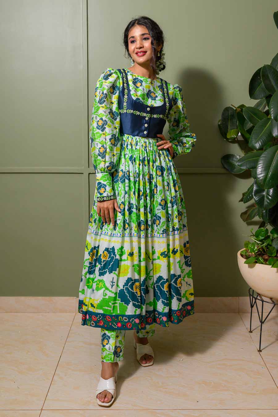 Green Mohomaya Printed Anarkali Set With Jacket