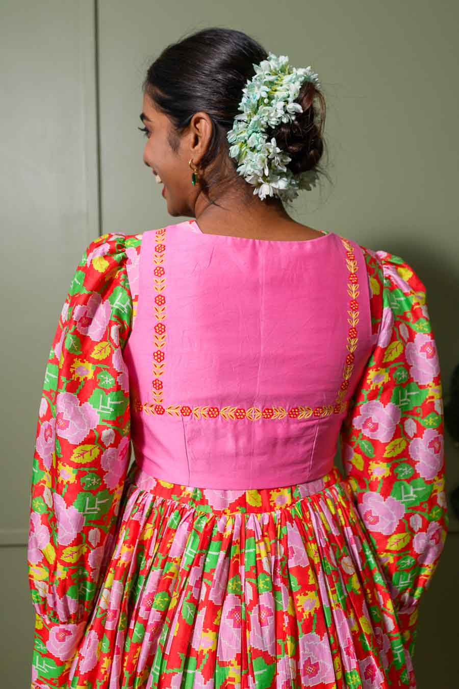 Pink Bougainvillea Print Anarkali Set With Jacket