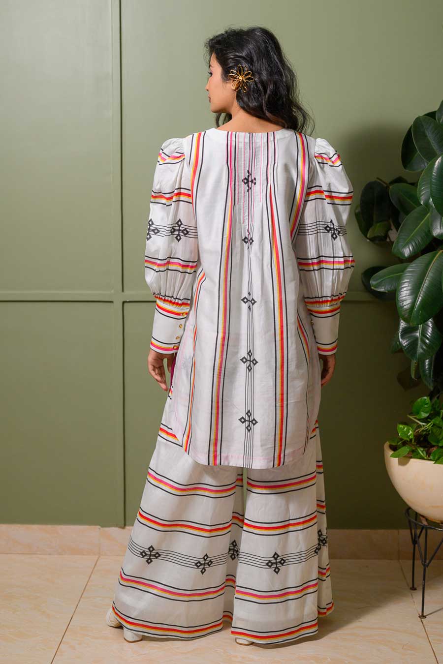 White Petunia Printed Stripes Tunic & Palazzo Set