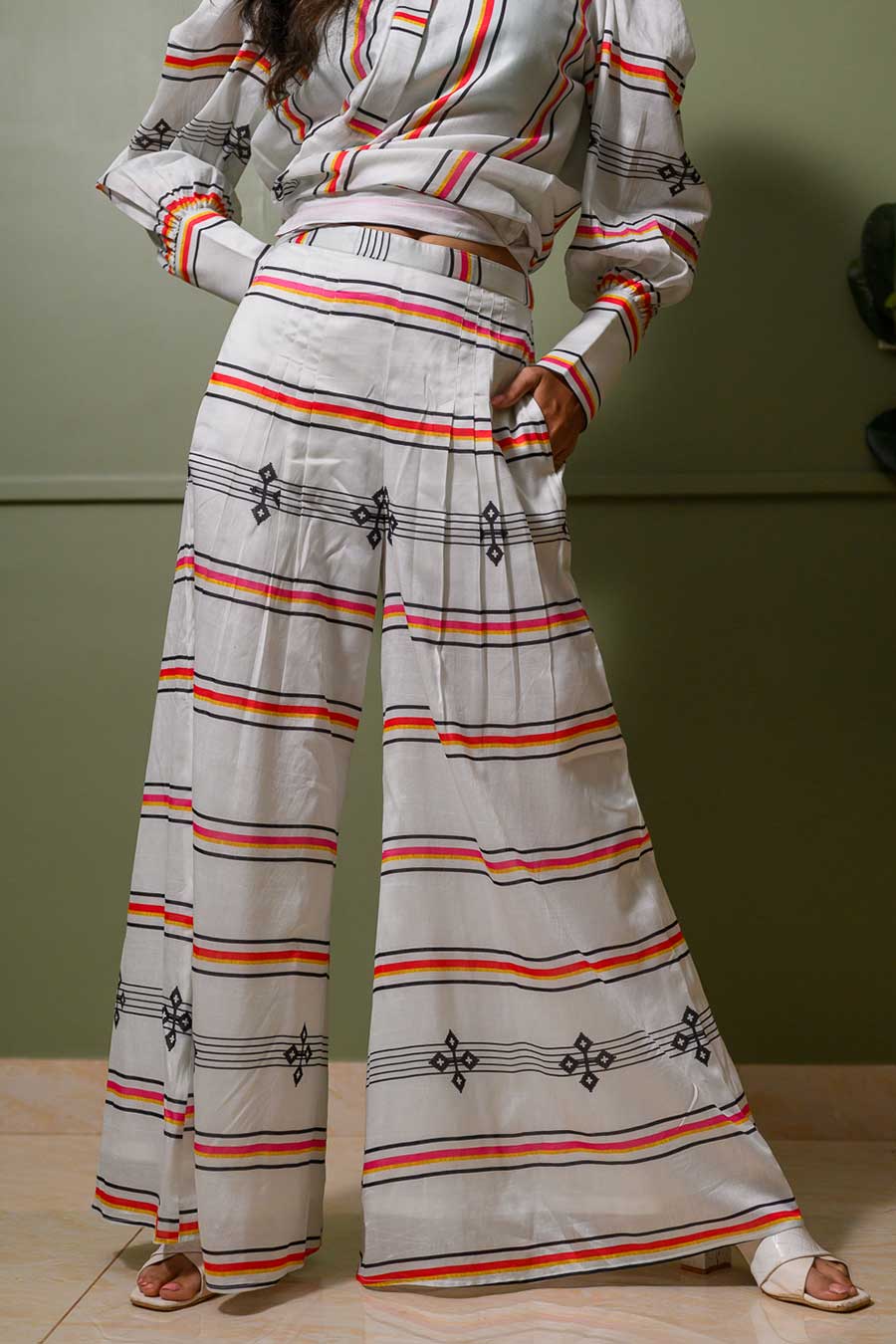 White Petunia Printed Stripes Tunic & Palazzo Set